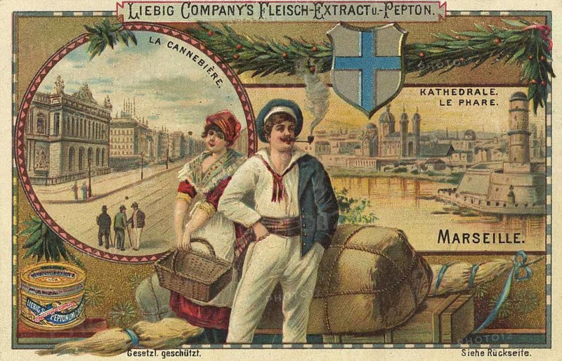 Picture series Cities and sights, Marseille, La Cannebiere, cathedral and lighthouse, France, Liebig picture, digitally restored reproduction of a collector's picture from ca 1900, public domain, exact date unknown, scene in Marseille with sailor and woman in front of a harbour and the cathedral, Europe