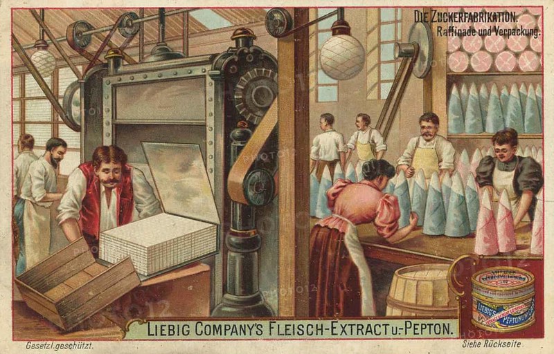 Picture series The sugar factory, refining and packaging, Liebig picture, digitally restored reproduction of a collector's picture from around 1900, public domain, exact date unknown, In a factory, workers pack sugar in bags and cartons