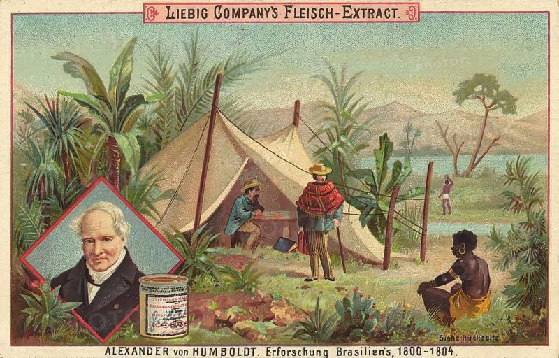 Series Explorers and World Travellers, Alexander von Humboldt exploring Brazil, Liebig picture, digitally restored reproduction of a collector's picture from around 1900, public domain, exact date unknown, explorer in Brazil in a tent camp with an indigenous person