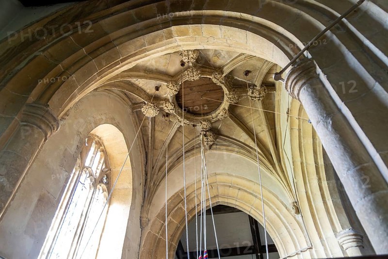 Bellringing ropes in bell tower of parish church of Saint Andrew, Ogbourne St Andrew, Wiltshire, England, UK