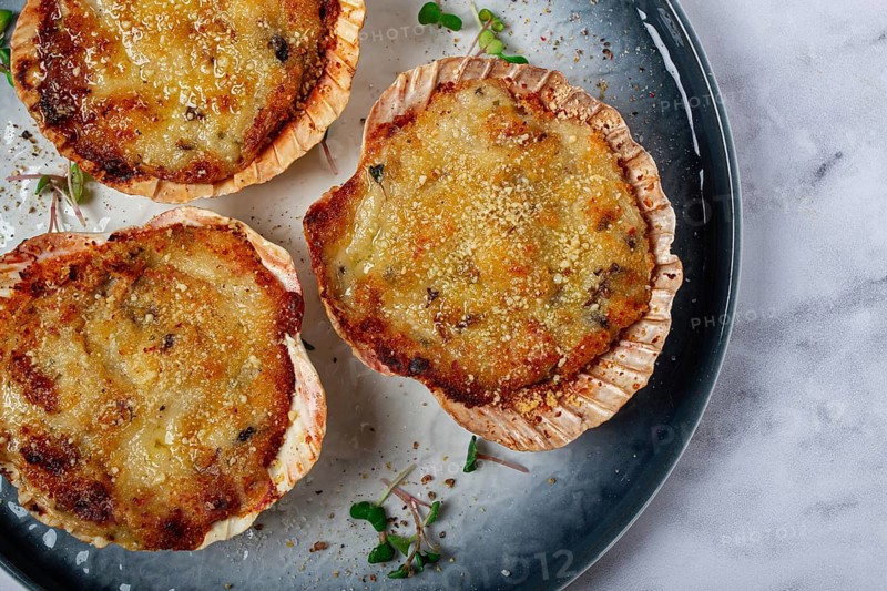 Scallop shells, stuffed, baked with cheese, in the oven, julienne with scallops