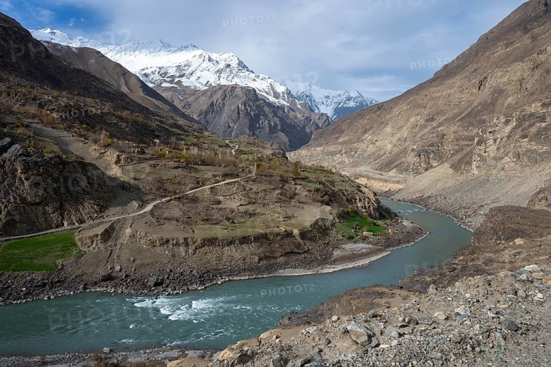 View of an Afghan village on the Panj River, Gorno-Badakhshan Province, Tajikistan, Central Asia, Asia