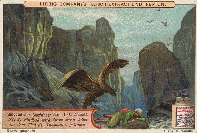 Picture series 1001 Nights, Sinbad the Sailor, 2, Sinbad is carried out of the Valley of Diamonds by an eagle, Liebig picture, digitally restored reproduction of a collector's picture from around 1900, public domain, exact date unknown, An eagle carries a man through a picturesque rocky landscape. Fairytale-like and adventurous