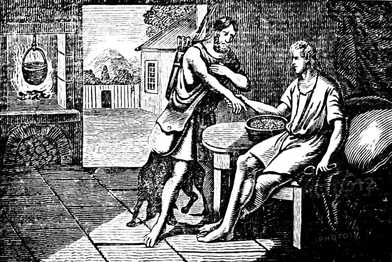 Esau sells his brother Jacob the right of the first-born in exchange for a lentil Meal, room, hearth with fire and pot, table, exchange, trade, frivolity, Genesis, woodcut, Christoph Schmid's Biblical History 1831