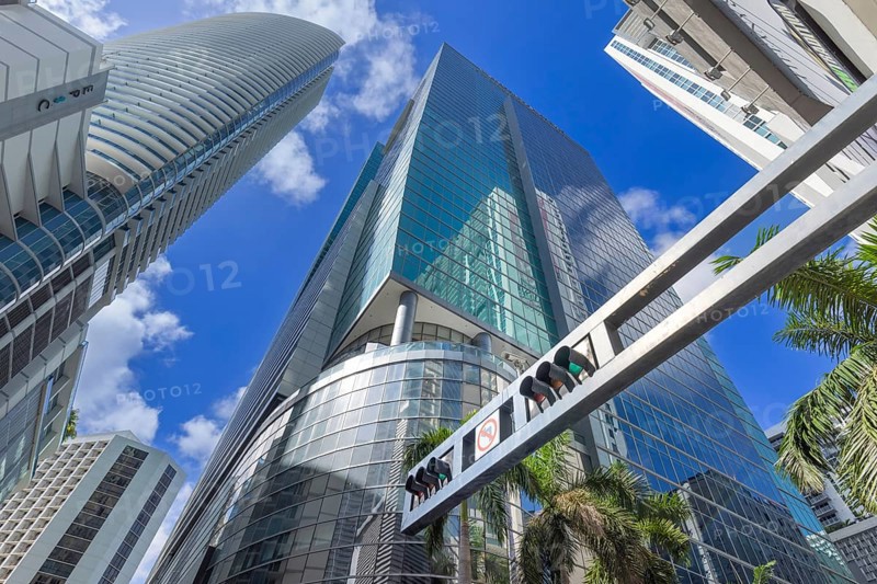 Miami downtown financial skyline and business shopping center near Biscayne bay and South beach .