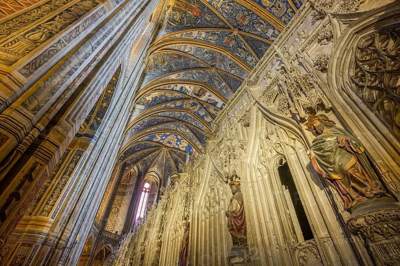 Detail of the choir and ceiling fresco in St Cecilia's Cathedral in Albi, Tarn department, France, Europe