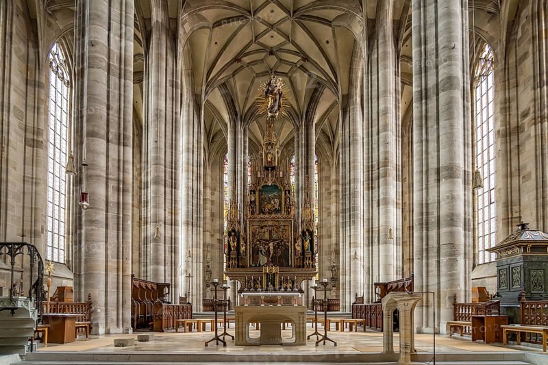 Interior and altar of the Catholic parish church of St George, Dinkelsbühl, Middle Franconia, Bavaria, Germany, Europe