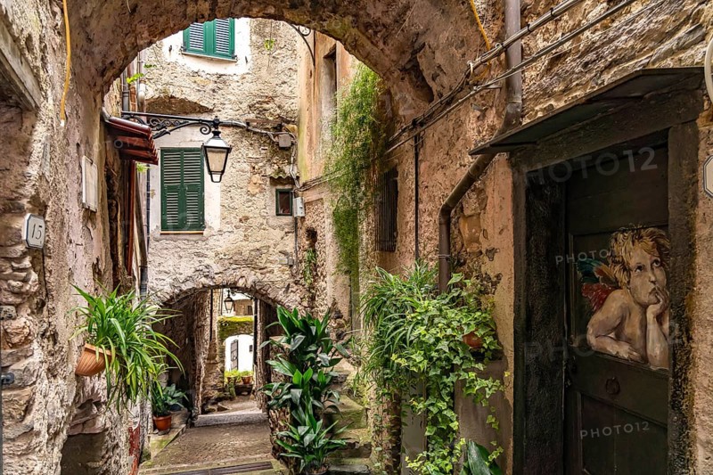 Narrow alleyways in the medieval village of Rocchetta Nervina in Val Nervia, Liguria, Italy, Europe