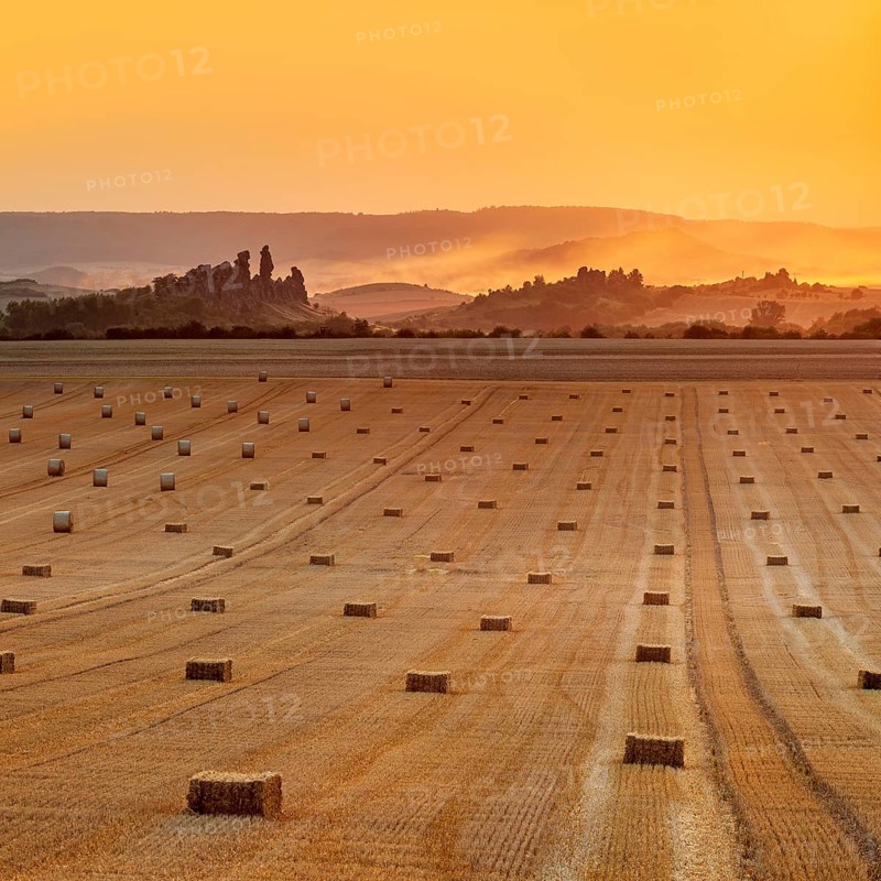 View over stubble field with straw bales to the Devil's Wall at sunset, fog rising, Weddersleben, Harz, Saxony-Anhalt, Germany, Europe