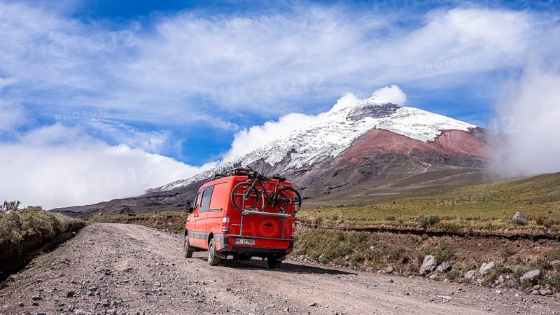 Off-Road camper van on the way to Cotopaxi, Cotopaxi, Cotopaxi National Park, Latacunga, Ecuador, South America