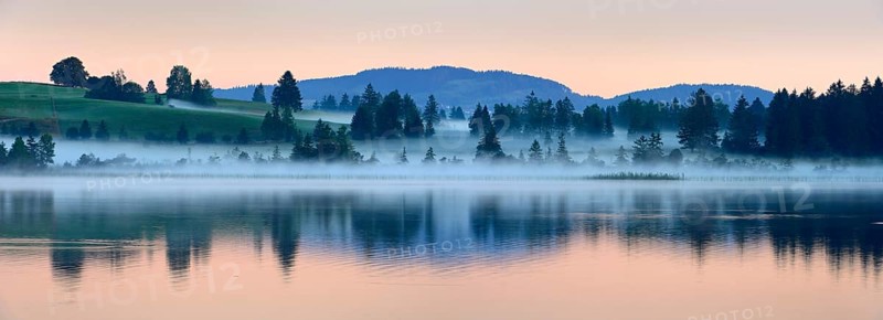 Morning fog at sunrise at Bannwaldsee near Füssen, Allgäu, Bavaria, Germany, Europe