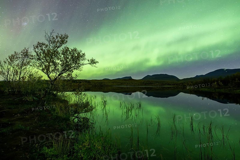 Northern lights reflected in lake, Lapporten, Abisko National Park, Lapland, Sweden, Europe