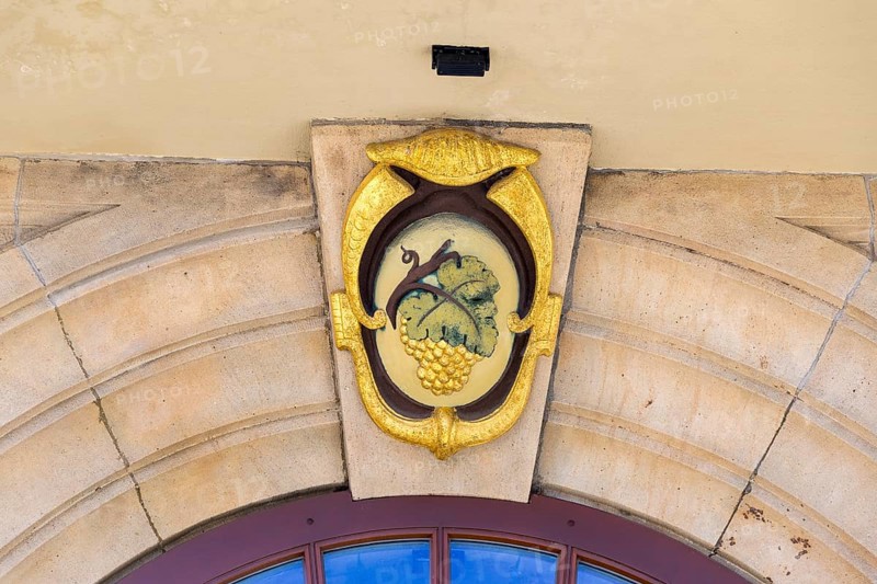 Coat of arms with grapevine as keystone on the town hall portal, Weinböhla, Saxony, Germany, Europe