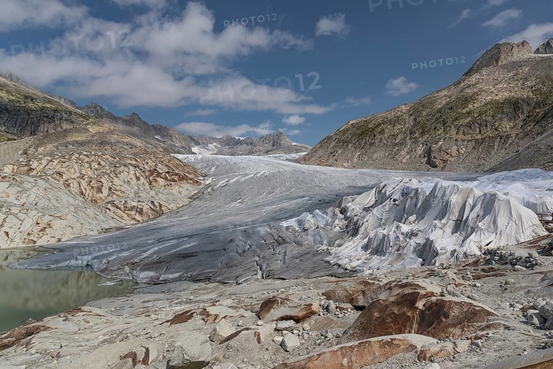Rhone Glacier, Obergoms VS, Wallis, Switzerland. Under the white blankets is the ice grotto