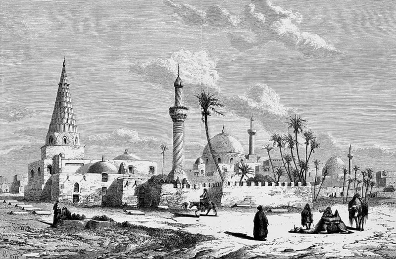View of the Iraqi capital Baghdad, with city wall and mosque, domed building, minarets with ornamentation, palm trees, camels, horse, people, travelling in Asia, Iraq, historical illustration 1887, Asia