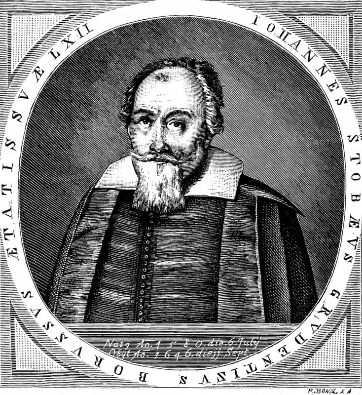 Musician and composer Johann or Johannes Stobäus (1580-1646), composed polyphonic motets, cantor in Königsberg, Kapellmeister to the Elector of Prussia, serious look, wide collar, portrait of a man, historical illustration 1892