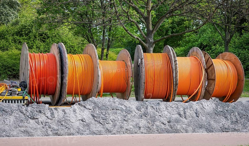 Duisburg, North Rhine-Westphalia, Germany, Internet broadband expansion, construction site for laying fibre optic cable, cable drum with fibre optic cable, new construction of fibre optic routes, fast Internet, DSL cable connection for households, Europe