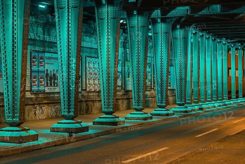Green illuminated railway underpass, Hansaring, Cologne, North Rhine-Westphalia, Germany, Europe
