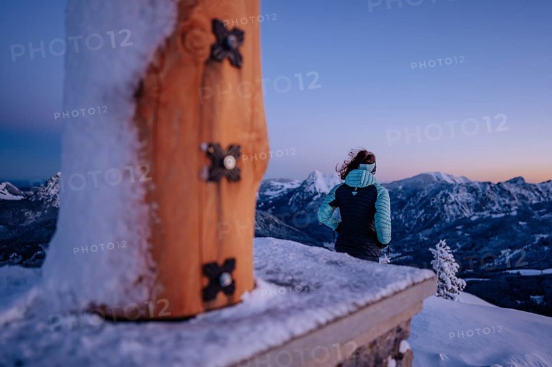 Summit bliss in the snow-covered winter landscape in the Tannheimer Tal in the Alps on the Neunerköpfle, Tyrol, Austria, Europe