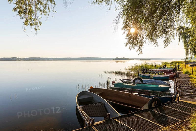 Rowing boats moored at the old lido of the Quitzdorf dam, Upper Lusatia, Saxony, Germany, Europe