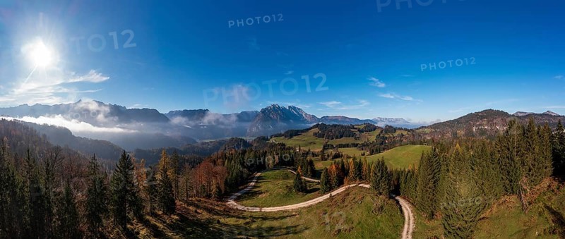 Drone shot, view from the Moosegg high plateau to the Hoher Göll, Golling, Osterhorn group, Salzburg province, Austria, Europe