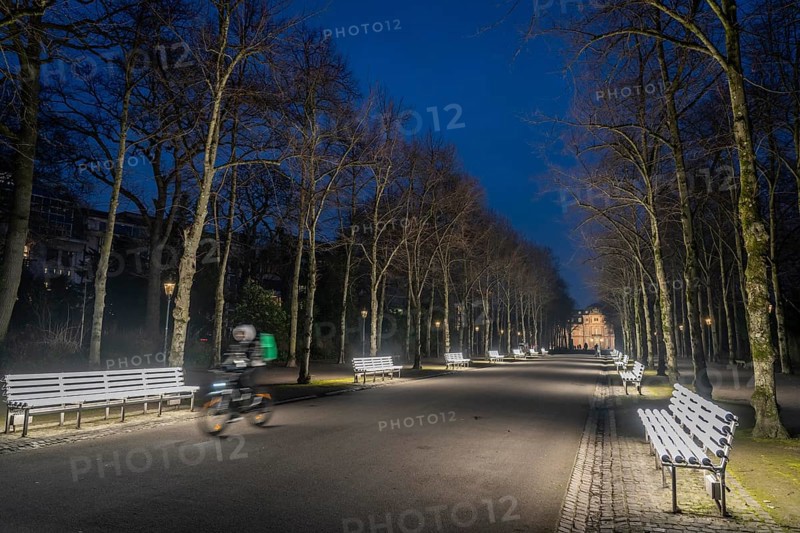 The light benches by artist Stefan Sous in the Hofgarten, entitled UV-A UV-B, 14 completely refurbished exhibits from the 2002 light-grey art exhibition, which now stand and light up as a permanent work of art on Jägerhofallee, LED technology, in the background Jägerhof Palace, home of the Goethe Museum, Düsseldorf, North Rhine-Westphalia, Germany, Europe