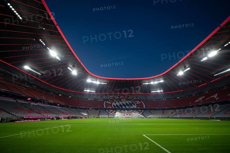 Stadium, empty, interior, illuminated, blue hour, Allianz Arena, Munich, Bavaria, Germany, Europe
