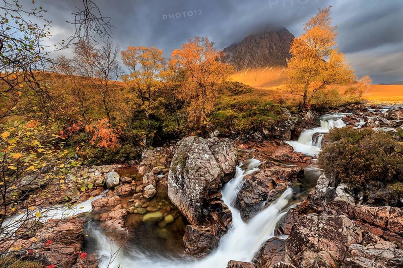 Waterfall, wild river, cloudy mood, morning light, autumn colours, autumn, mountains, Buachaille Etive Mòr, Glencoe, Scottish Highlands, Scotland, Great Britain