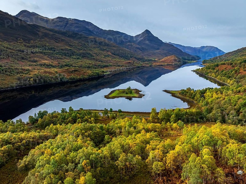 Fjord, coast, mountain landscape, reflection, island, autumn, autumn colours, aerial view, Loch Leven, Scotland, Great Britain