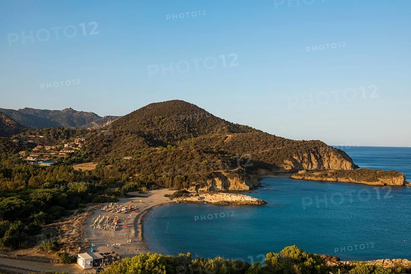 Sandy beach beach and blue sea, sunset, Spiaggia di Su Portu, Torre di Chia, Chia, south coast, Sardinia, Italy, Europe
