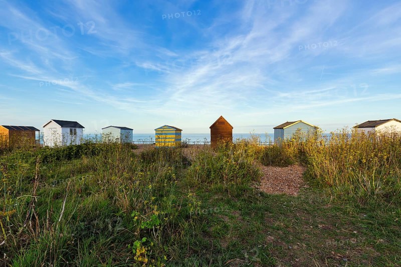 Colourful beach huts on a shingle beach, Cirrus, Kingsdown Beach, English Channel, Dover, Kent, England, Great Britain