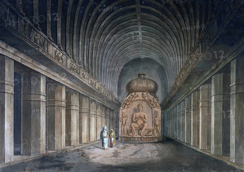 Stupa, Buddha statue, Cave No. 10, Viswakarma Temple, Ellora Caves, UNESCO World Heritage Site, Maharashtra, India, ca 1880, digitally enhanced reproduction of a 19th century original, Asia