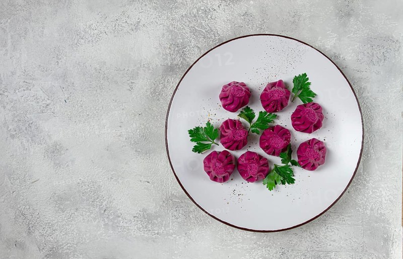 Beetroot khinkali, mini khinkali, purple, Georgian cuisine, no people
