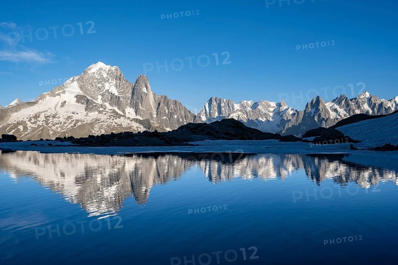 Mountain landscape in the evening light, water reflection in Lac Blanc, mountain peak, Aiguille Verte, Grandes Jorasses, Aiguille du Moine, Mont Blanc, Mont Blanc massif, Chamonix-Mont-Blanc, Haute-Savoie, France, Europe