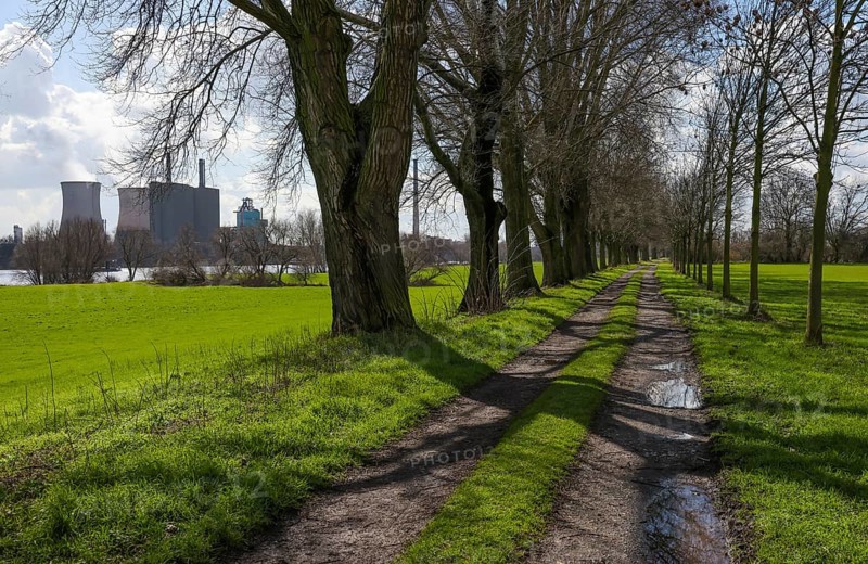 Duisburg, North Rhine-Westphalia, Germany, industrial landscape, promenade on the banks of the Rhine at Duisburg harbour in Rheinhausen, behind HKM Hüttenwerke Krupp Mannesmann, Europe