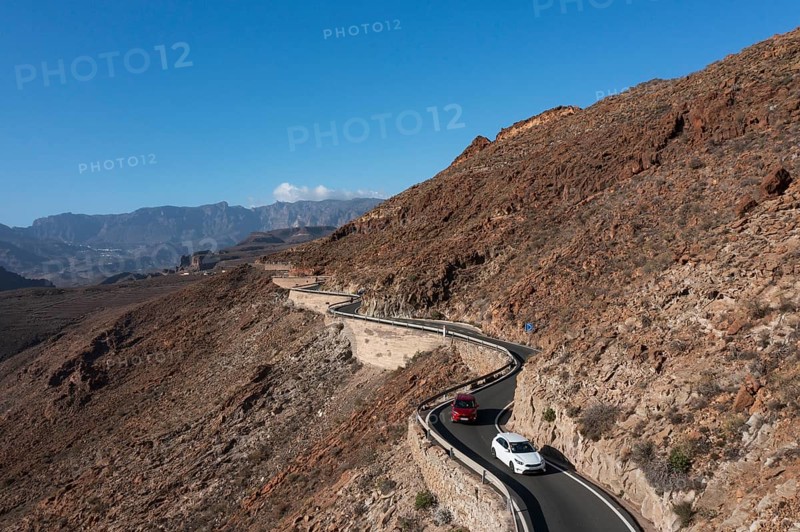 Drone shot, mountain road at the Degollade de las Yeguas viewpoint, Gran Canaria, Canary Islands, Spain, Europe
