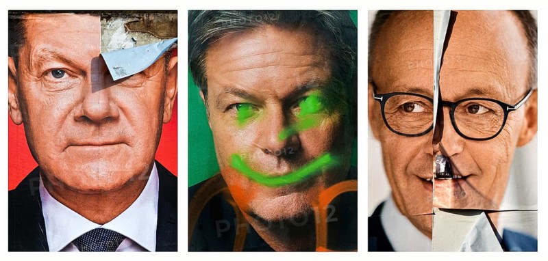 Torn and graffitied large posters for the 2025 federal election with Olaf Scholz, Sahra Wagenknecht and Friedrich Merz, Bochum, Germany, Europe
