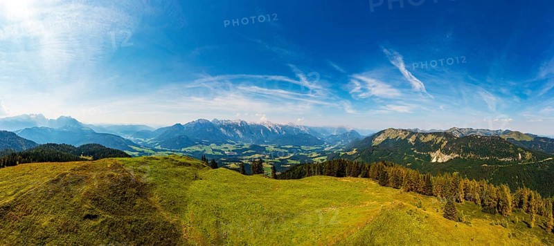 Drone shot, At the summit of the Taborberg with a view of the Lammertal and Tennengebirge mountains, Osterhorn group, Salzkammergut, Salzburg province, Austria, Europe