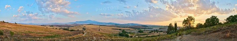 Typical Tuscan landscape in Val d'Orcia with hills, trees, fields, cypresses and farm road in autumn, sunset, gladiator film location, San Quirico d'Orcia, Val d'Orcia, Orcia Valley, UNESCO World Heritage Site, Siena Province, Tuscany, Italy, Europe