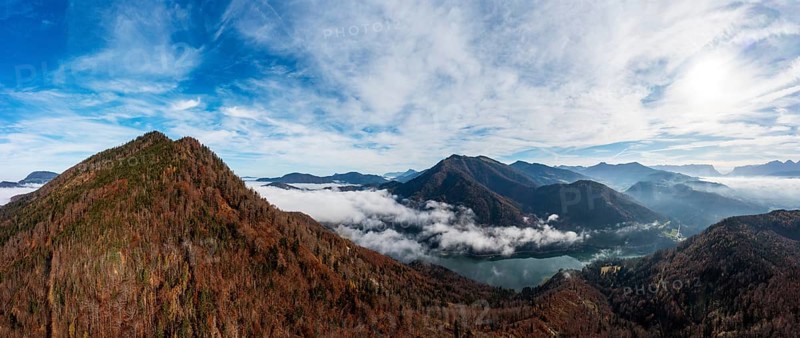 Drone shot, autumn forest and sea of fog around the Schwarzenberg, Wiestalstausee, Osterhorngruppe, Salzkammergut, Land Salzburg, Austria, Europe