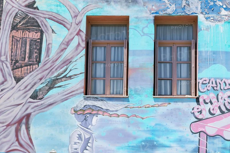 Old house painted with murals, Petychakis square, Rethymno, Crete, Greek Islands, Greece, Europe
