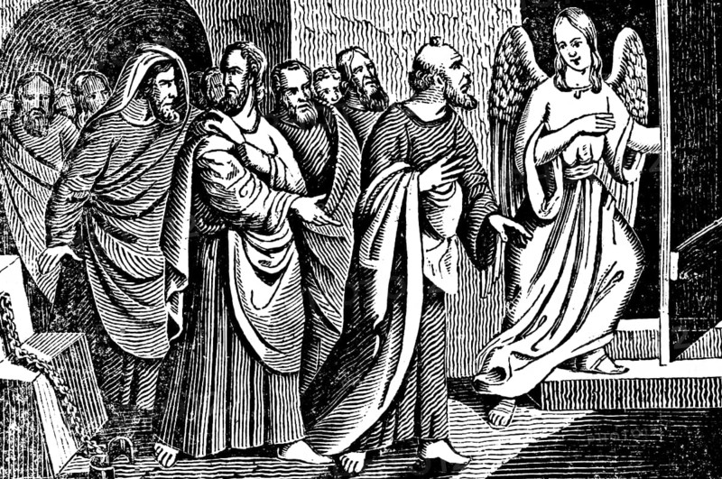 The chief high priest condemns the apostles, an angel frees the apostles from their prison, New Testament, History of the Apostles, woodcut, historical illustration, Christoph Schmid's Biblical History 1831