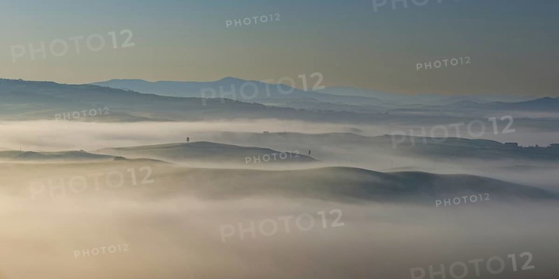 Landscape at sunrise around Volterra, Province of Pisa, Tuscany, Italy, Europe