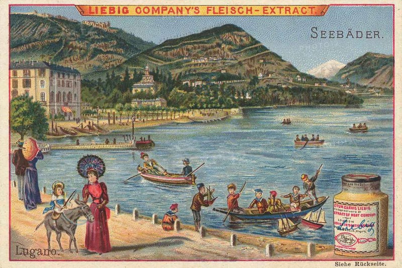 Picture series famous seaside resorts, Lugano in Switzerland, Liebig picture, digitally restored reproduction of a collector's picture from around 1900, public domain, exact date unknown, painter's scene at Lago di Lugano with boats and mountains in the background, depicted in nostalgic advertisement