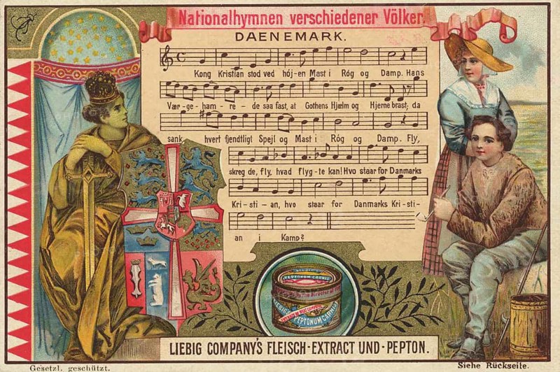 Picture series National anthems of different nations, Denmark, Liebig picture, digitally restored reproduction of a collector's picture from ca 1900, public domain, exact date unknown, depiction of the Danish national anthem with a shield bearer and a rural scene, Europe