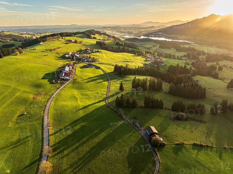 Mountain range near village Wertach, view to lake Gruentensee, sunrise, autumn colors, aerial view, Allgaeu, Bavaria, Germany, Europe