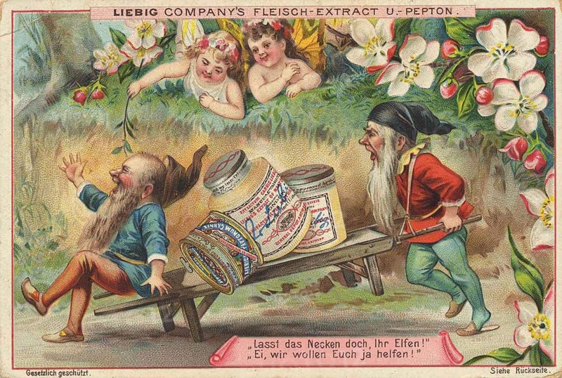 Picture series Elves and gnomes, the dwarves transport Liebig glasses on a cart, Liebig picture, digitally restored reproduction of a collector's picture from around 1900, public domain, exact date unknown, dwarves and elves playfully teasing each other in a flowery garden