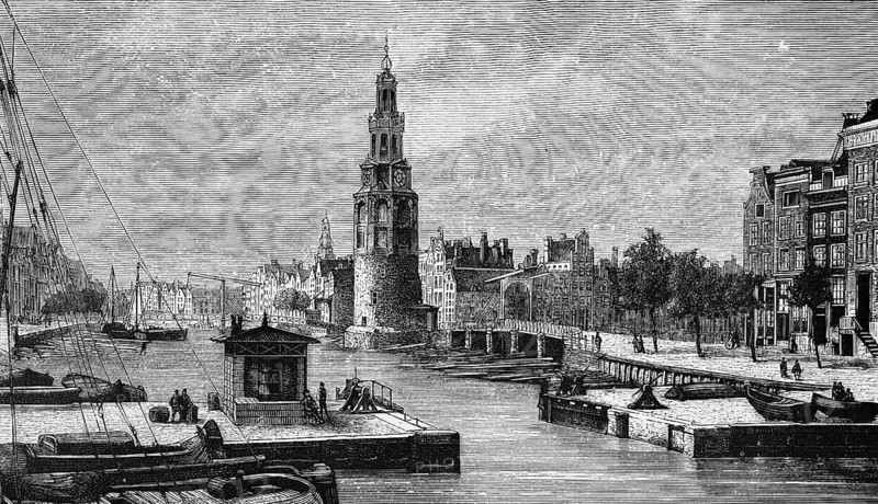 Harbour basin of the Dutch capital Amsterdam with Montelbaanstoren tower, lock, shipping traffic, promenade, cityscape, geography, Kingdom of the Netherlands, historical illustration 1888