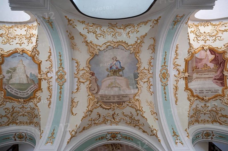 Rococo vault with ceiling painting, Maria Brünnlein pilgrimage basilica in Rococo style built between 1748 and 1782, Wemding, Swabia Bavaria, Germany, Europe