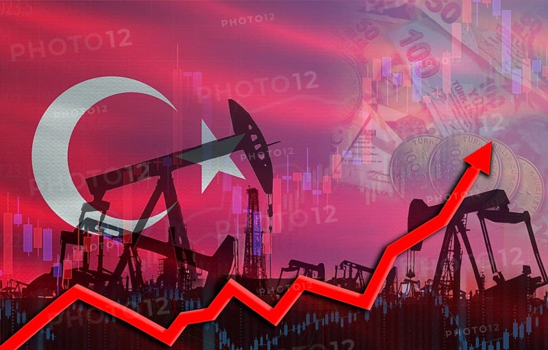 Oil production with Turkey flag, petrol industry. Oil pumps with Turkey flag